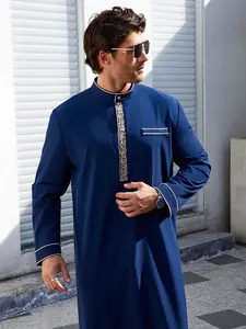 Arabian Islamic Traditional Men's Clothing, Ramadan Eid Festival Wear, Classic Long Robe with Embroidery, All Seasons