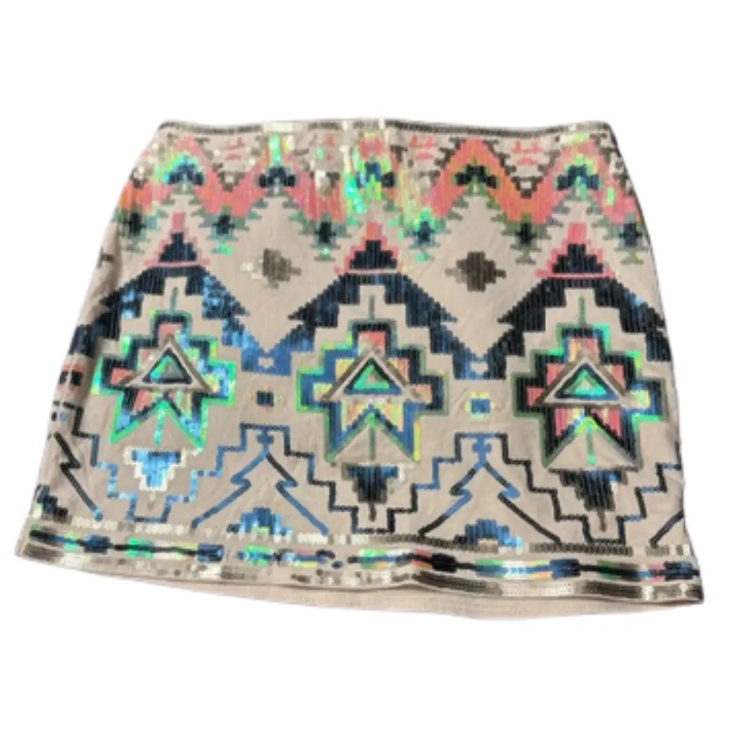 Women's Aztec Geometric Sequin Mini Skirt, Fitted Metallic Shimmer Bottom with Back Zipper, Fully Lined, Women's Clothes, Light, Aztec Print, Xs Size