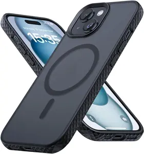 Lamicall Magnetic Case for iPhone 15, Fits for Magsafe - [Diamond Textured Anti-Slip Edge] [Military Grade Shockproof Protection] Translucent Hard Slim Magnet Protective Cover for iPhone 15, Black