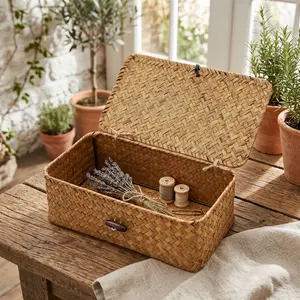 Wicker Storage Basket with Lid Natural Seagrass Woven Storage Bin Rectangular Organizer Box Decorative Home Storage Basket with Lid