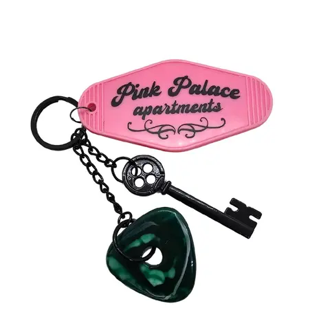 Coraline Inspired Keychain! Keys to the Pink Palace Apartments - Hotel/Motel Key Tag w/ Coraline Cat Seeing Stone & Skeleton Key - Handmade!