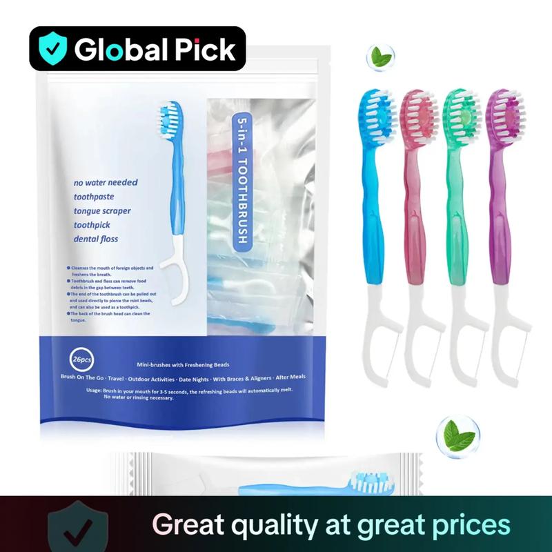 5 in 1 Toothbrush & Floss & Tongue Scraper & Toothpick Set, 26pcs/pack ...