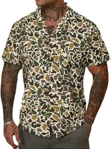 Men's Camo Print Cuba Collar Shirt, Regular Fit Casual Short Sleeve Button Up Top for Summer, Fashion Men's Casual Button Collared Top for Daily Wear