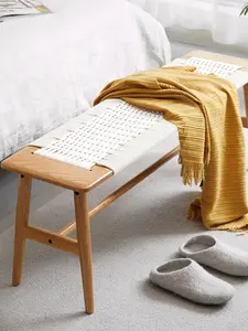 Skinny Bench,Wood Bench Indoor with Hand Woven Rope Surface Design, Rattan Bench for End of Bed with Solid Structure (Oak+White, 11.82" D x 31.5" W x 15.98" H)
