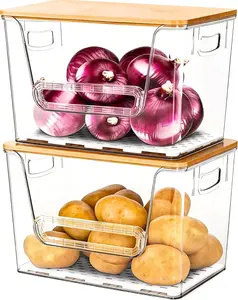 2 Set Pantry Organizers and Storage,Trash Bag Holder under Sink Organizer for 4-13 Gal Bags,Trash Bag Dispenser with Bamboo Lids and Stackable Clear Bins for Potato, Onion, Garlic, Fruit, Vegetables NITOOR