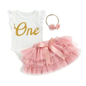 Baby Girl First Birthday Outfit One Fly Sleeve Romper and Tutu Skirts Set with Headband Baby My 1st Birthday Clothes