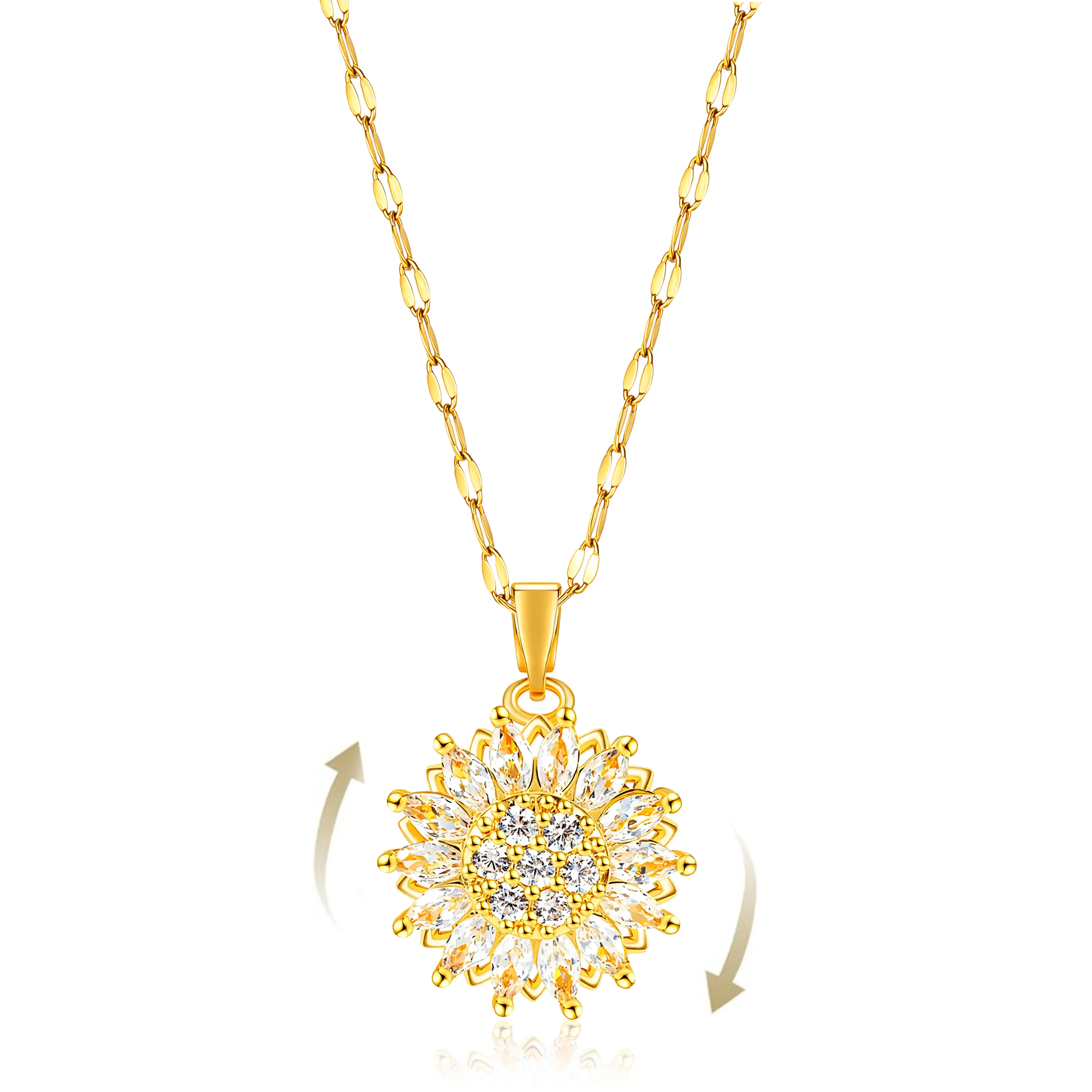 Sunflower Fidget Necklace for Women, Spinning Crystal Flower Anxiety Necklaces, Dainty 14K Gold Plated Sunflower Rotating Pendant, Stress Relief Jewelry Gift for Her fathersdaygift