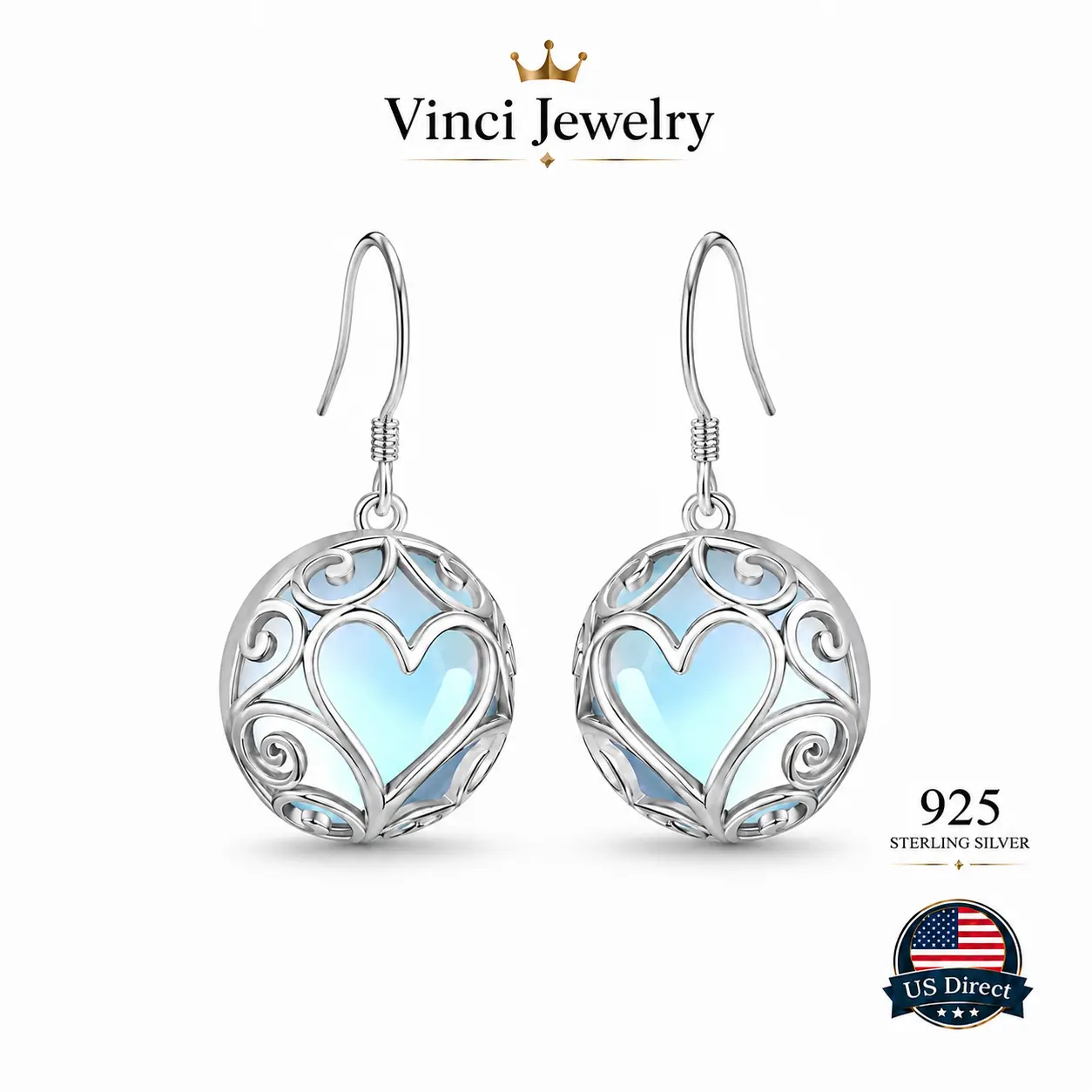 925 Heart Synthetic Moonstone Drop Earrings with Hypoallergenic Sterling Silver Design, Romantic and Elegant Hook Dangle Ear Jewelry for Women, Safe for Gift for Girls or Lover, for Daily Wear and Party