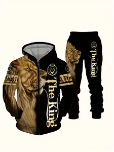 2-piece men's casual lion print hoodie and sweatpants set -3D digital animal pattern knitted sweatshirt hoodie+pants set