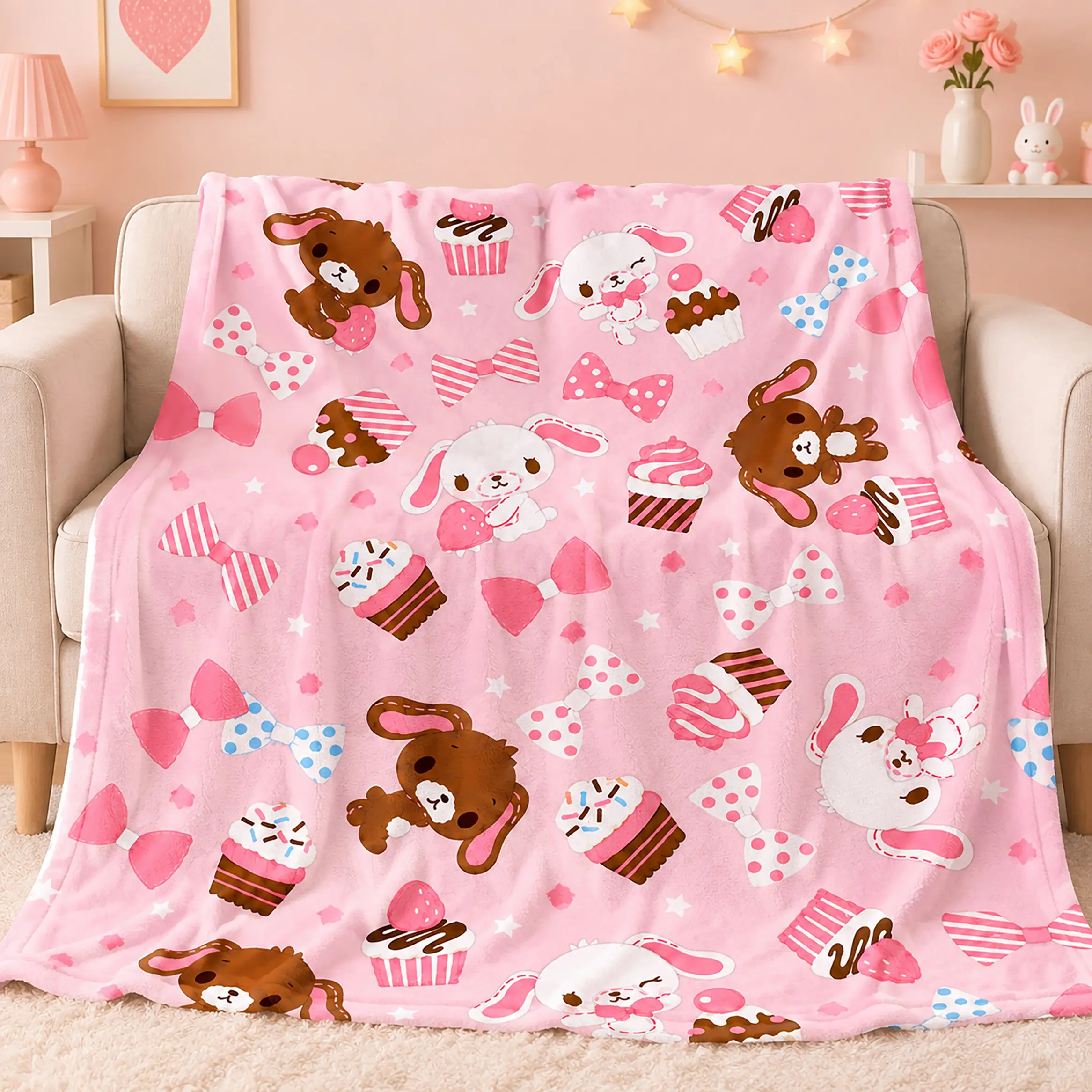 Sugarbunnies Cartoon Throw Blanket Ultra Soft Flannel Fannel Cozy Warm Kawaii Rabbit Decor for Bedroom Couch Sofa Bed Dorm Room Back to School Kids Girls Teens Birthday Christmas Gift