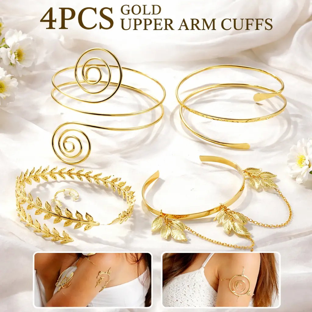 4-Piece Adjustable Upper Arm Cuff Set – Boho Metal Armband Bracelets for Women, Greek Costume & Party Jewelry, Open Design Bangle Set