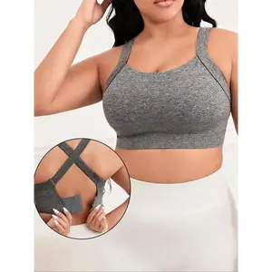 【Plus Size】 Solid Criss Cross Hook and Eye Sports Bra, Breathable Comfortable High Stretch Sports Bra for Yoga Gym Workout, Women's Sport & Outdoor Clothing, Yoga Activewear, Workout Clothes Women, Running Workout Bras