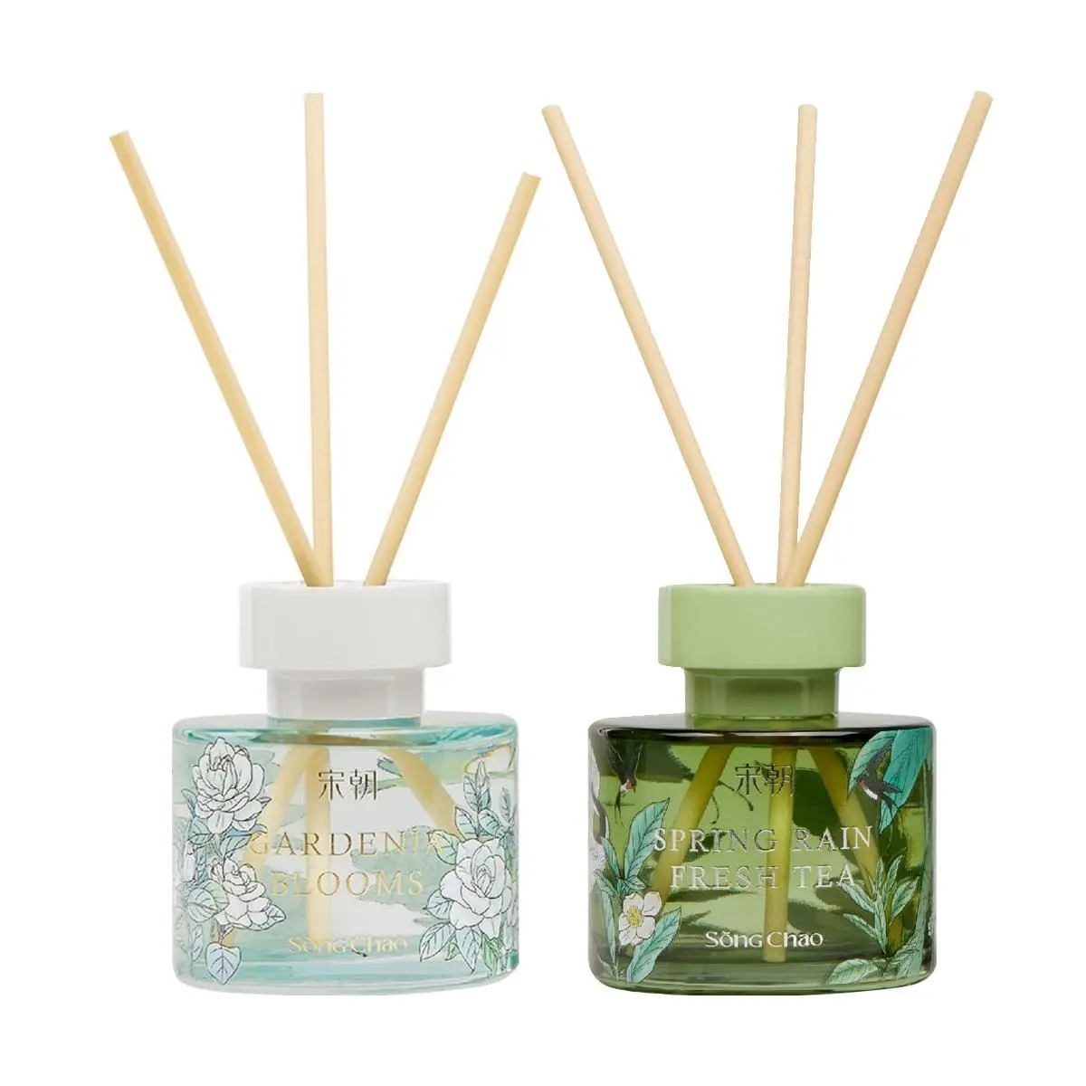 SONG CHAO 2 Pack Fragrance Diffuser Set No Flame Gardenia Blossom + Spring Rain Green Tea