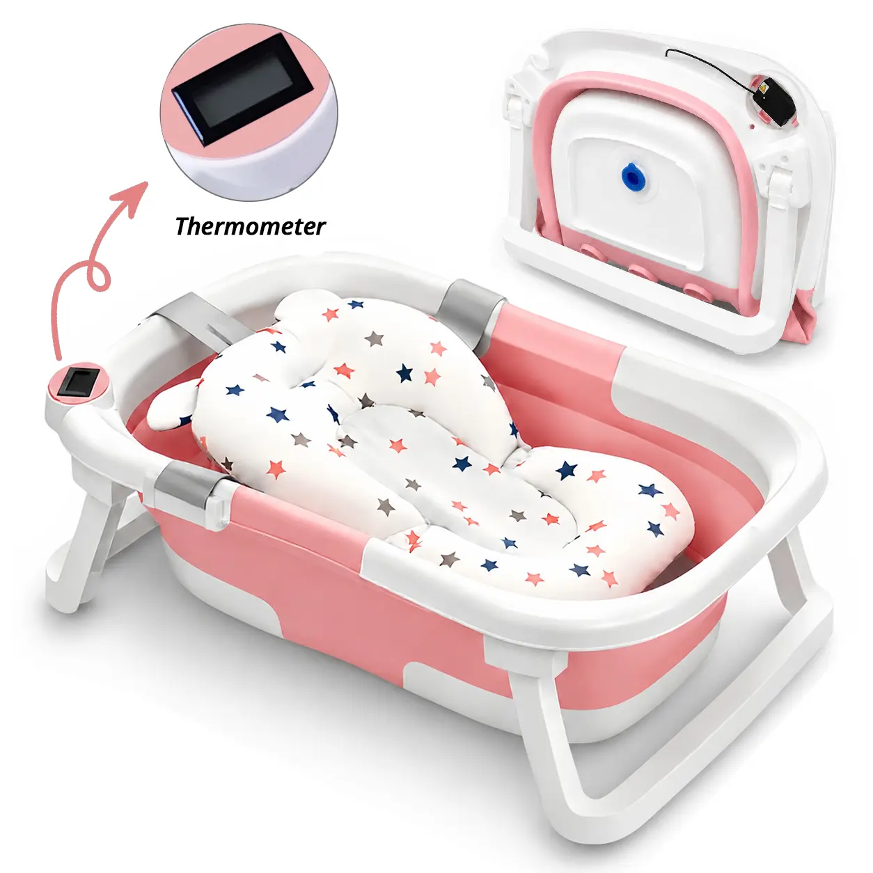 Cochildor Foldable CPSIA-Safe Plastic Baby Bathtub for 0-12 Months Newborns, with Soft Cushion & Thermometer, Easy-Clean, Portable Travel Tub (Pink & Gray/Navy Blue/Green)