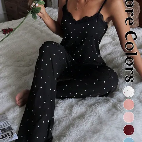 Spring Summer New Heart Print Women's Lace Trim Sleepwear Set, Elastic Fabric Comfortable Breathable, Indoor Outdoor Casual Home Wear