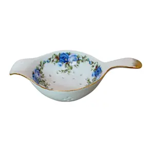 Elegant Ceramic Tea Strainer - Blue Floral Design with Gold Rim Accents