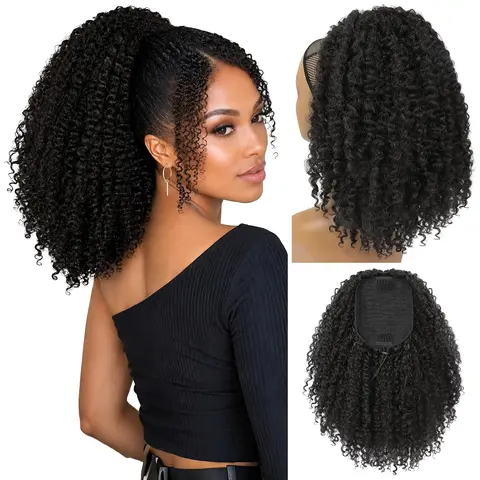 Women's 100% Real Human Hair Drawstring Ponytail - Chic Black Afro Kinky 4c Small Curl, Clip-In, Natural Color, Dyeable, Easy to Install, Curly Clip-In Hair Extensions