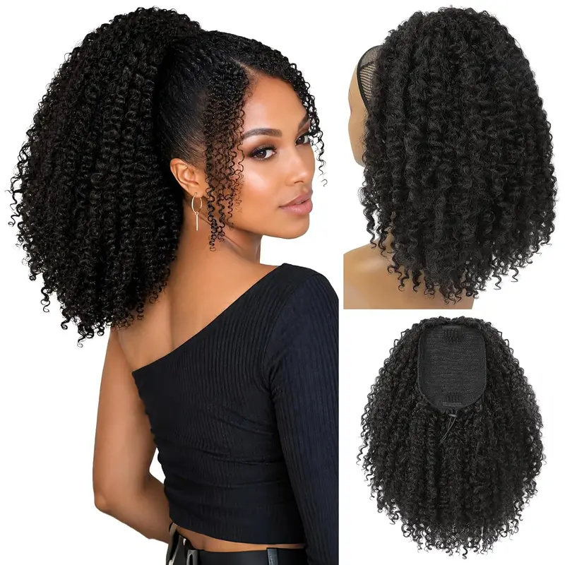 Women's 100% Real Human Hair Drawstring Ponytail - Chic Black Afro Kinky 4c Small Curl, Clip-In, Natural Color, Dyeable, Easy to Install, Curly Clip-In Hair Extensions