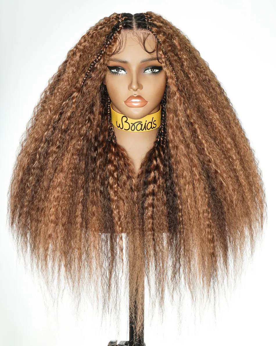 28" Kinky Straight Full Lace Swiss HD Lace Glueless Blend Human Hair Boho Braided Wig