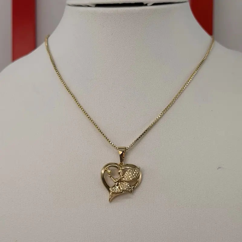 (101)(102) 14K Gold Plated Heart Fairy Pendant with Colored Rhinestone for Women with Chain
