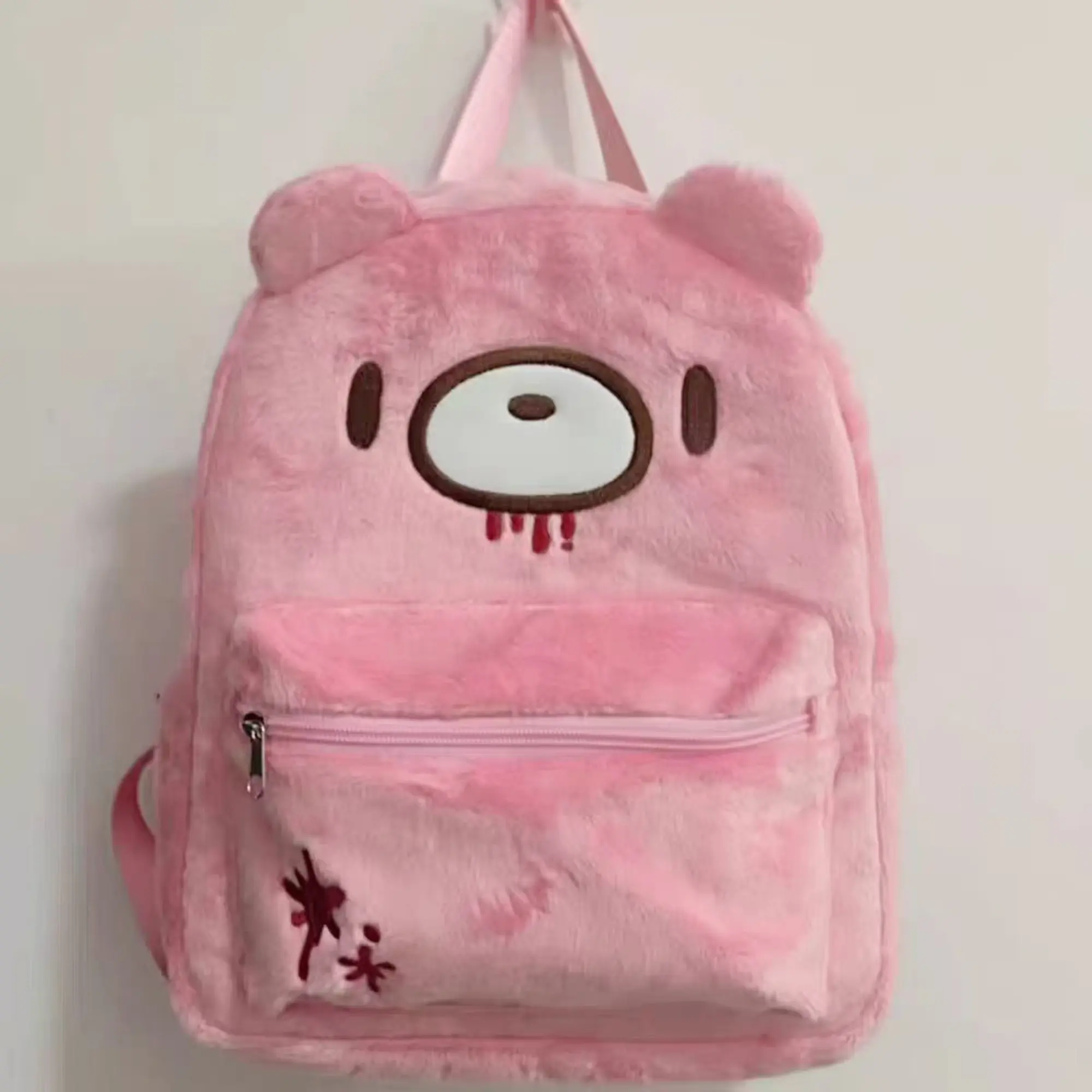 Women's Gloomy Bear Plush Fashion Backpack - Pink Fluffy 3D Bear Ear Daypack, Y2K Kawaii Pastel Goth Horror Blood Drip School Bag, Soft Stuffed Animal Aesthetic Casual Travel Bag with Front Zipper Pocket for Teen Girls
