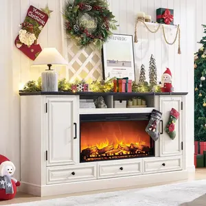 LINGMU 70” Farmhouse Fireplace TV Stand for TVs up to 80”, Entertainment Center with 36” Electric Fireplace, Remote Control, Storage Cabinets & Drawers for Living Room, White