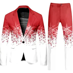Ugly Christmas Mens 2 Piece Business Suit Outfits One Button Lapel Festive Suit Snowflake Print Set Fashion Tracksuit Long Sleeve Casual Menswear Activewear
