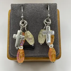 Beaded Cross Dangle Earrings with Iridescent Orange and White Beads