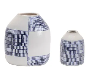 HomeRoots Set of Two Blue And White  Ceramic Round Table Vases