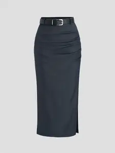 Elegant Autumn Winter Pure Color Slit Hem Belted Skirt, Fashionable Commuter Daily Wear, Long Slimming Western Style Dress