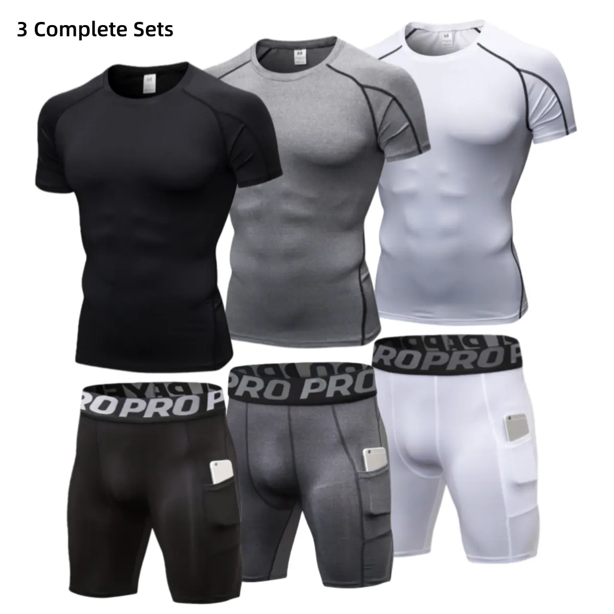 Men's 3-Pack Muscle Sporty Set - Compression Fit Short Sleeve Tops, Fitted Polyester Blend Stretch Fabric, Moisture Wicking, Quick Dry Athletic Joggers for Gym, Running