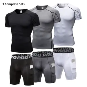 3 Pack Men's Muscle Fit Workout Set Moisture Wicking Compression Short Sleeve and Athletic Joggers Suit - Quick Dry Running and Gym Track Performance Gear