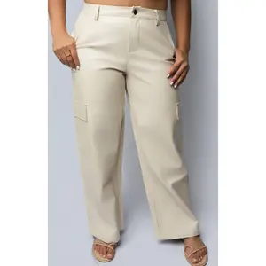 Cream Faux Leather Cargo Pants
