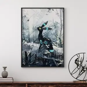 Pokemon Poster Set of 3 Watercolor Eevee Evolutions Ukiyoe Wall Art Japan Woodblock Style - Umbreon Leafeon Glaceoon Poster (Unframed)