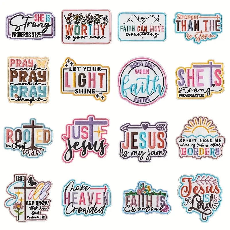 Iron-On Appliqués, 16-Piece Large Christian Faith Embroidered Patches, Polyester Sew-On for DIY Sewing Projects on Jackets, Hats & Backpacks, Sewing Projects Ideas