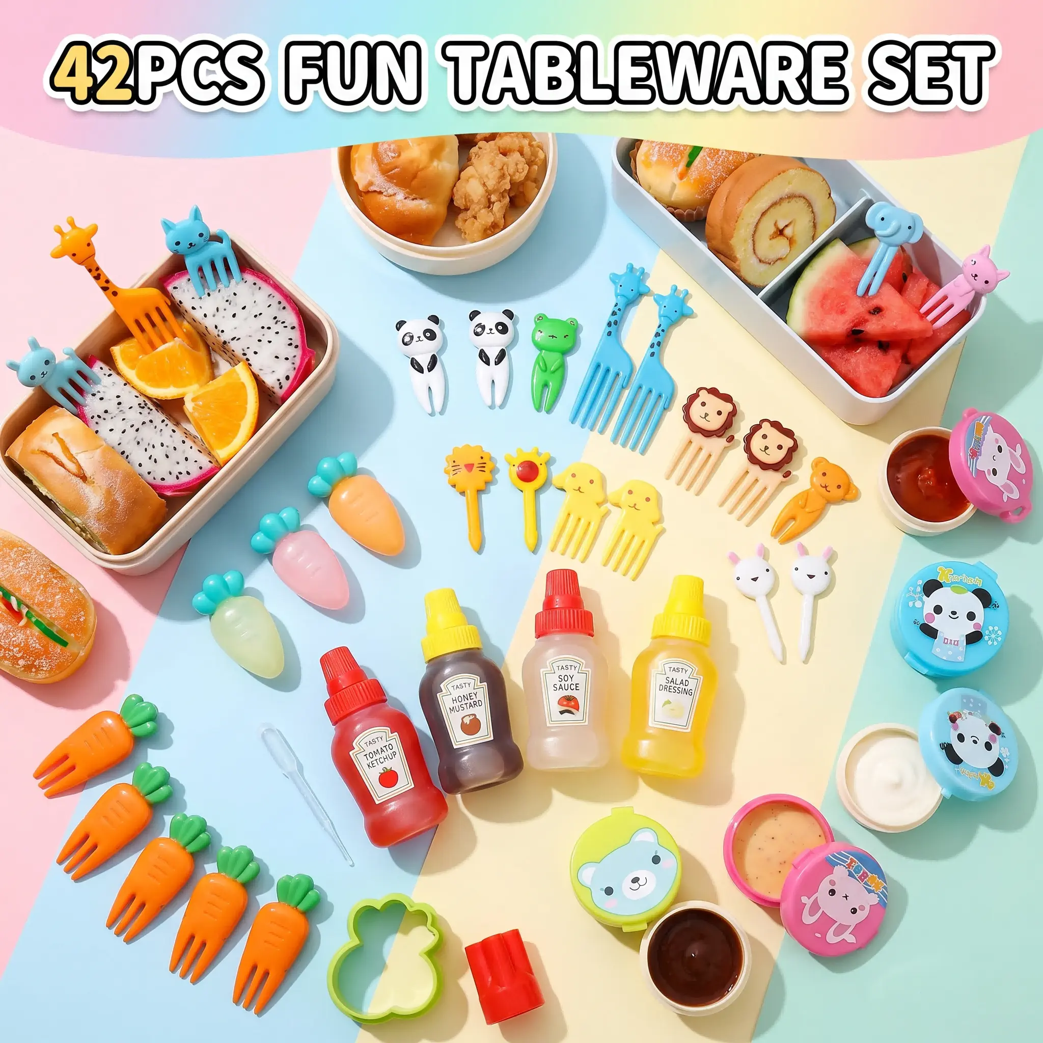 42pcs Compact Cute Animal-Themed Bento Box Accessory Set - Kitchen Utensils Kit with Mini Fruit Forks, Mini Cake Forks, Portable Seasoning Squeeze Bottles, Silicone Lunch Box Decoration Molds, Party Supplies