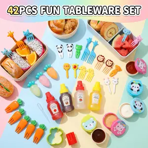 42pcs Compact Cute Animal-Themed Bento Box Accessory Set - Kitchen Utensils Kit with Mini Fruit Forks, Mini Cake Forks, Portable Seasoning Squeeze Bottles, Silicone Lunch Box Decoration Molds, Party Supplies