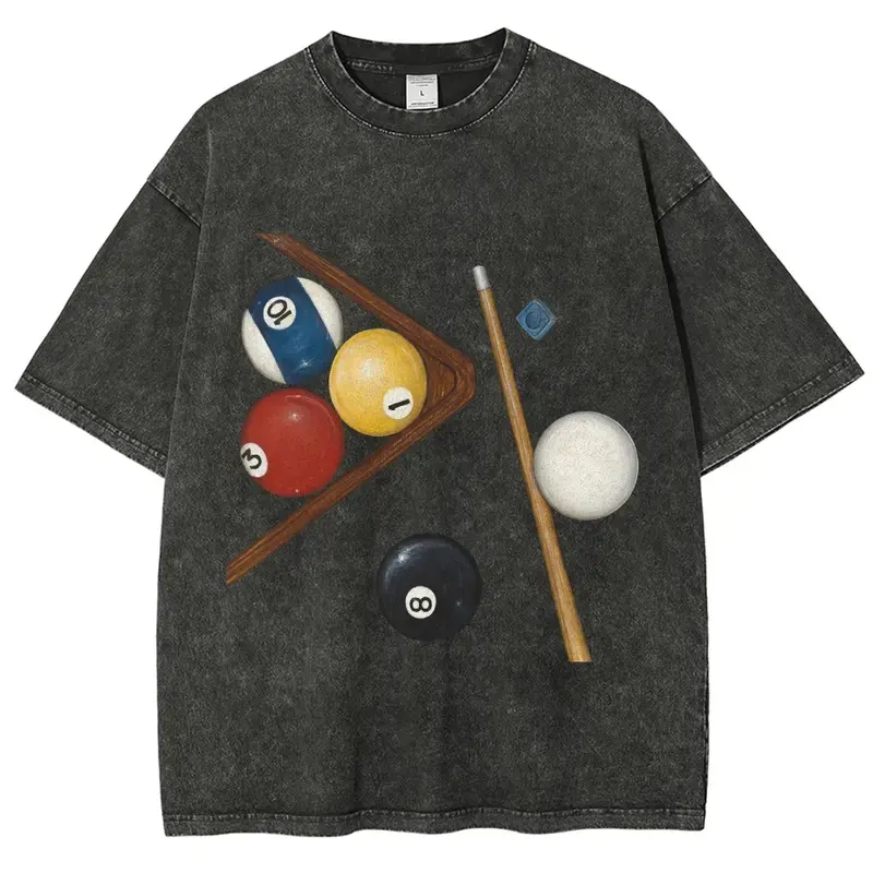 Men's Short-Sleeve 100% Cotton Oversized Unisex Billiards 8 Ball Vintage Wash T-Shirt - Retro Cue & Ball Rack Graphic Crewneck, Billiard Lover Casual Streetwear Gift Top