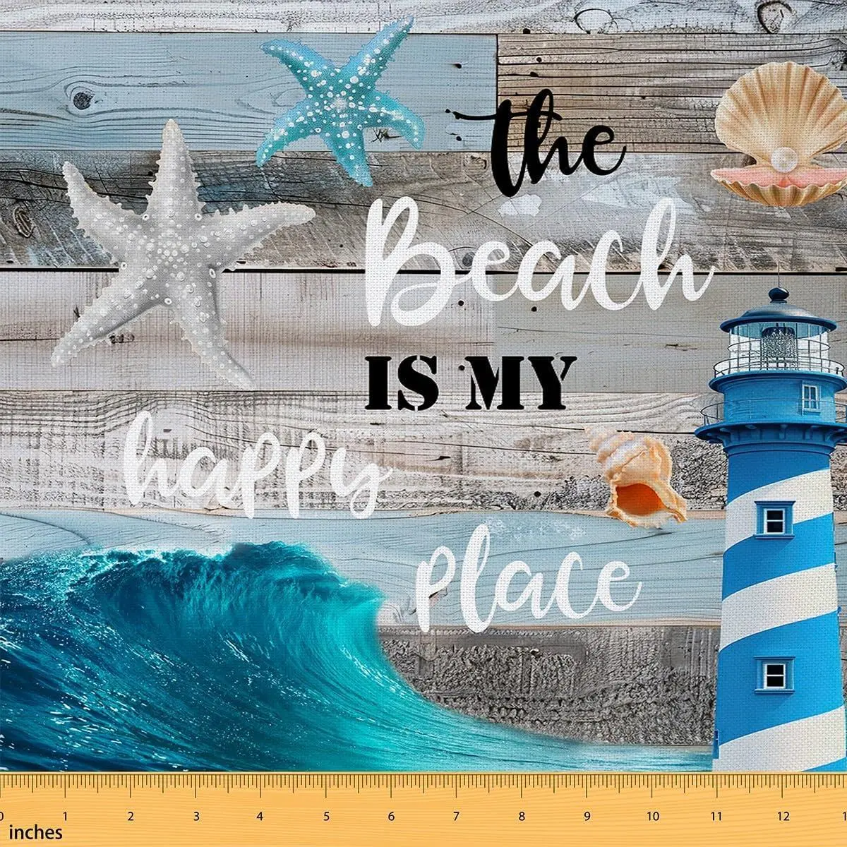 Lighthouse Flannel Fabric,Ocean Wave Sea Starfish Seashell Material,Hawaii Beach Decorative Indoor Not Stretchy Fabric,Vintage Lodge Upholstery,DIY