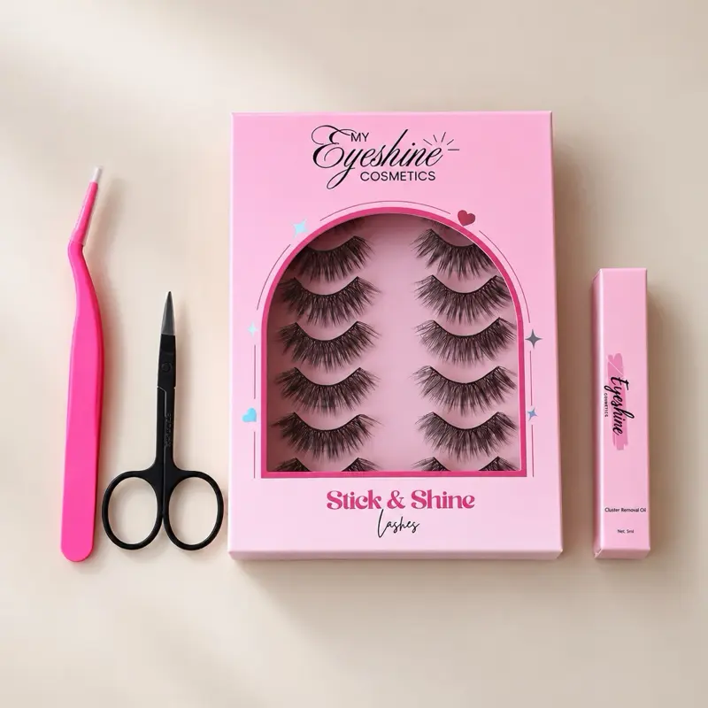 Eyeshine Self Adhesive Lash Starter Bundle CLASSIC 12-16mm Lashes with Tweezer, Oil, Remover & Scissors for Trimming