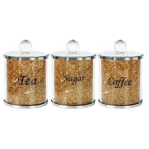 Coffee Sugar Tea Crystal Canister Set of 3,Sparkly Crystal Crushed Diamonds Home Decor,Silver Kitchen Coffee Jar Storage Set with Label & Lid,Storage Container Set for Countertop,Dining Room
