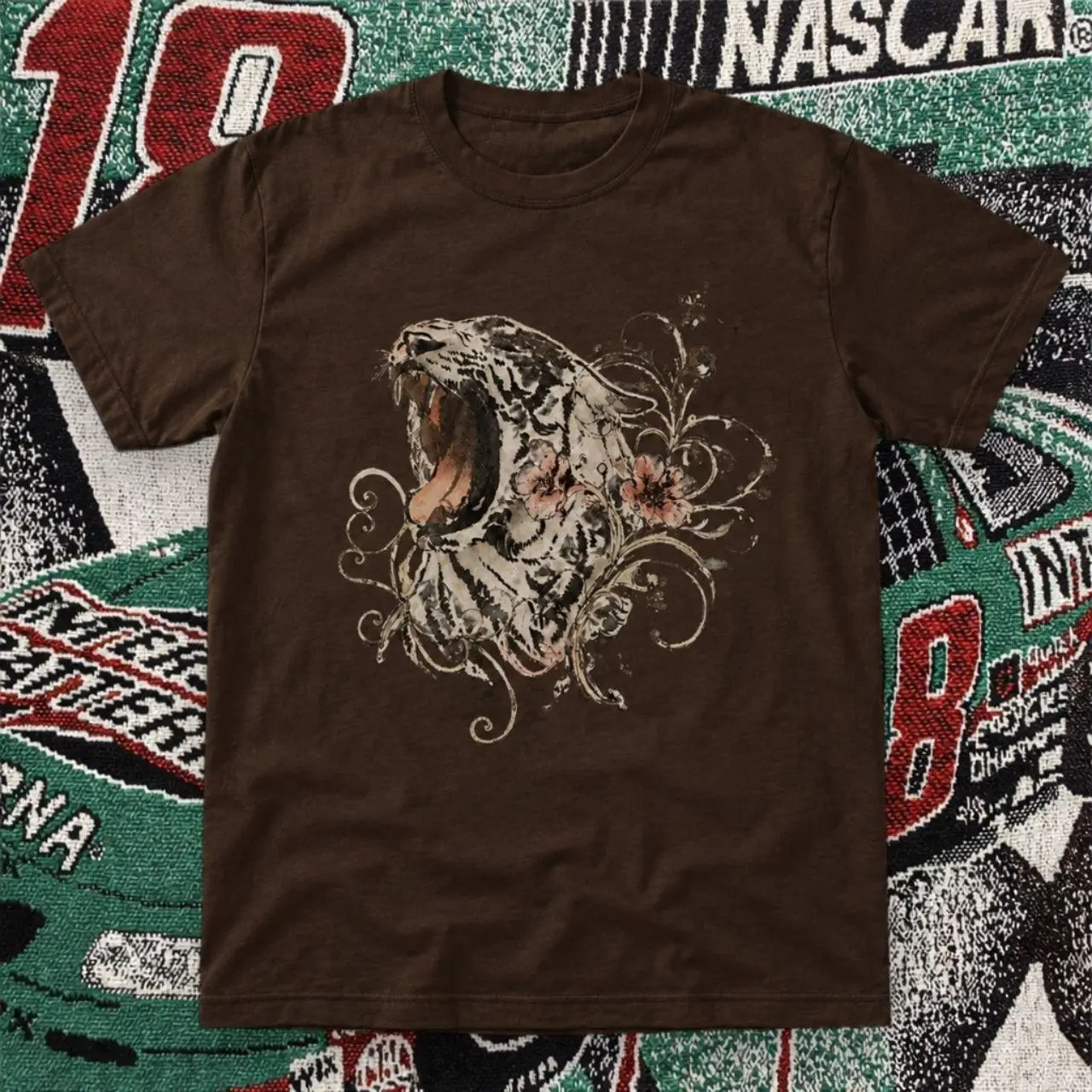 Gildan Men's T-shirt, Roaring Tiger Floral Graphic Tee, Roaring Tiger Graphic T-Shirt, Vintage Tiger Floral Tee, Y2K Grunge Shirt, Wild Animal Graphic Tee, Gothic Streetwear Shirt, Unisex Oversized Tee, Nature Aesthetic Gift