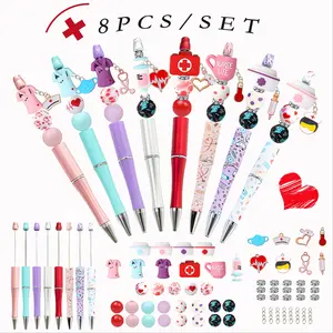 Nurse Theme Silicone Beaded Pen Set, 8 Counts/set Beaded Pen & Heart Shaped Sticker & Stethoscope Shaped Silicone Beads, Office Stationery & Supplies