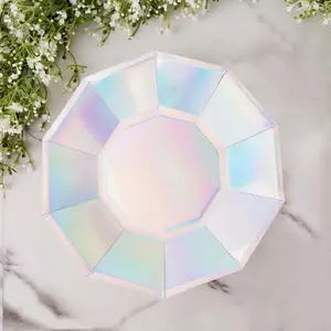 25-Pack Paper Decagon Dinner Plates 9" Iridescent - Disposable Holographic Party Plates for Starry Night & Fairytale Themes