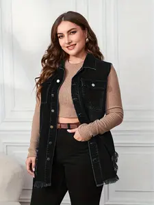 KCGH Fall New Plus Size Denim Vest Jacket for Women, Button Decor Distressed Raw Hem Sleeveless Jean Coat With Pockets, Oversized Casual Outerwear