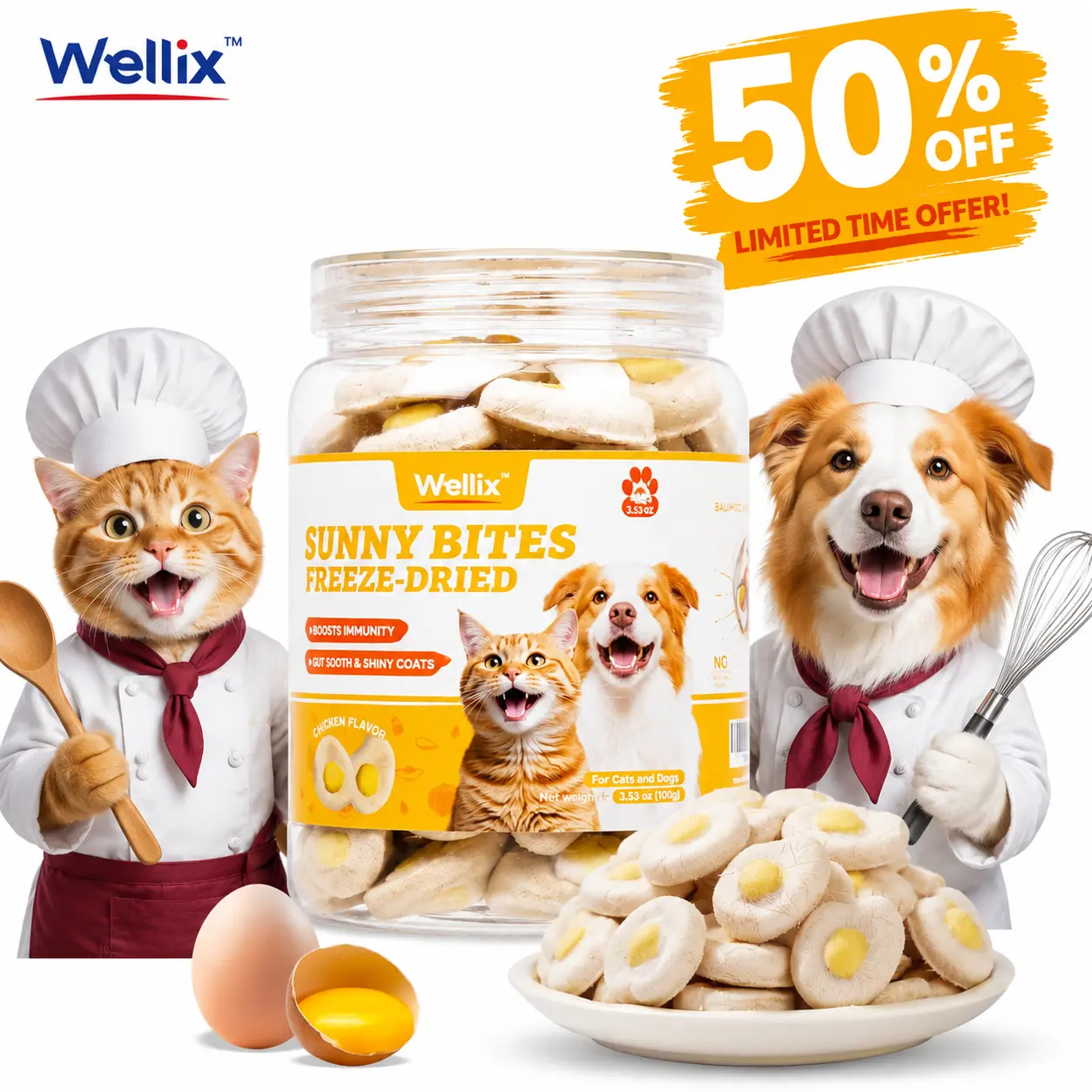 Wellix Freeze-Dried Treats for Dogs and Cats - SunnyBites Freeze Dried Chicken Cat Treats for Indoor Cats - Supports Immunity&Gut Healthy for Training Kitten Snack 3.5oz