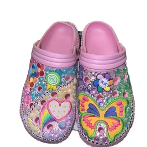 Charm Kits for Crocs - Colorful Embroidery Design with Butterfly and Heart Motifs, Includes Pink Base and Decorative Fringe