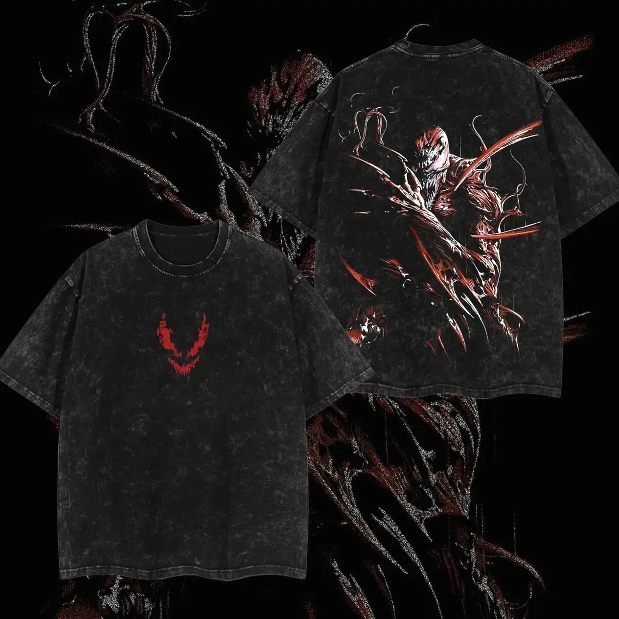 Superstyle Maximum Absolute "Carnage" The Red Symbiote Cletus Kasady Supervillain Venomm MCU Comics Edition Double Printed Oversize Lightweight Acid Washed Tee TV Series Graphic Design Top Cotton Streetwear Superheroes T-Shirt Clothes Menswear F4H