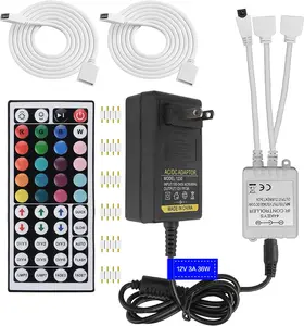 2-Port 44 Key IR LED Light Remote,RGB Control Box+ DC 12V 3A LED Power  Led Light Adapter+ 2 Pack 3.3FT Extension  for 3528 5050 RGB LED Strip Lights(Not Compatiable 24V LED Lights)