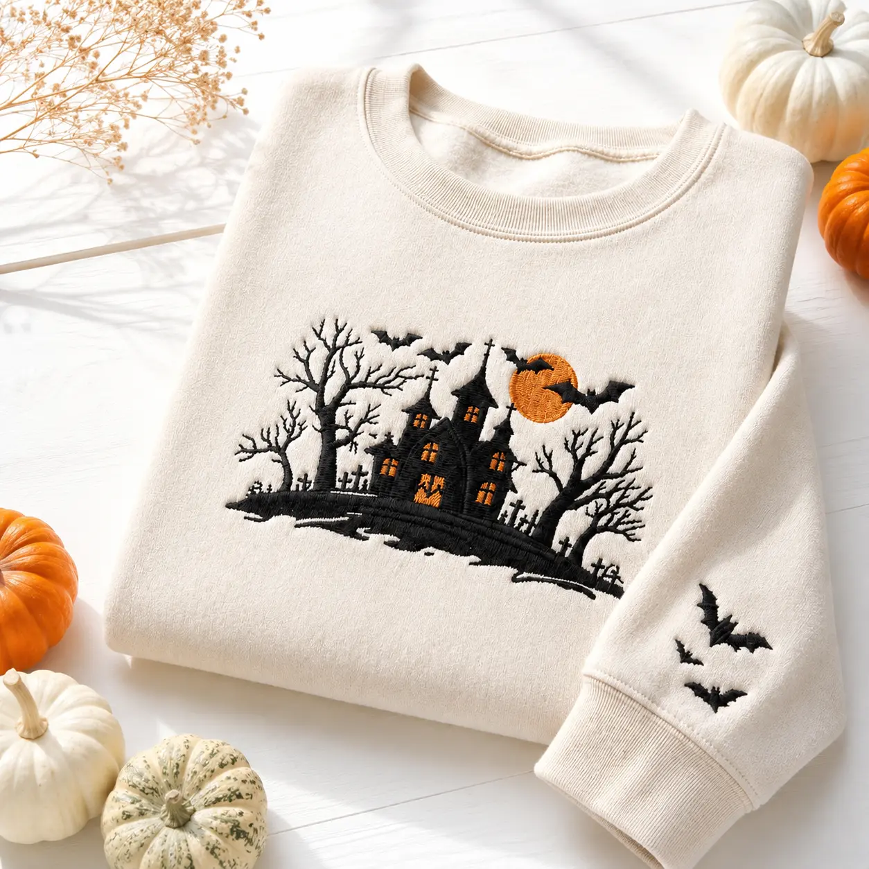 Halloween Haunted House Embroidered Sweatshirt,  Bats Moon Fall Sweatshirt, Halloween Gift, Gothic Spooky Crewneck